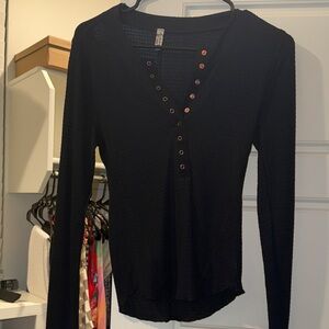 Free People Black Long Sleeve V-Neck Top